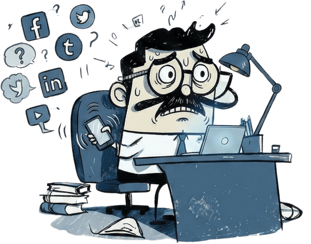 Character distracted by social media, then focused and productive